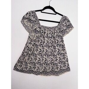 Max Studio London Blouse XL black Cream Floral Flutter Sleeve Boho Top Blouse